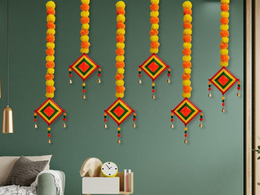 JH Gallery Handmade Artificial Marigold Fluffy Flowers Colorful Woolen Kite Bells Hangings - Pack of 6
