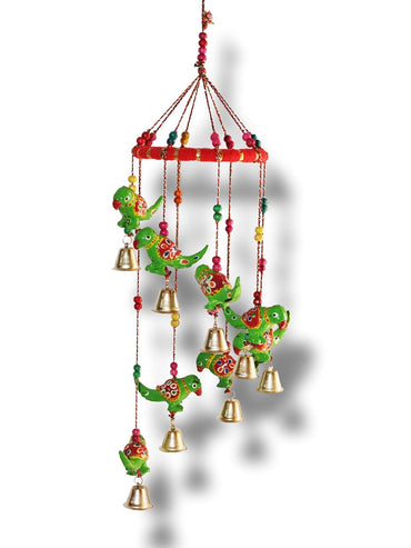JH Gallery Handcrafted Rajasthani Hanging Decorative Windchime (Green Parrot)