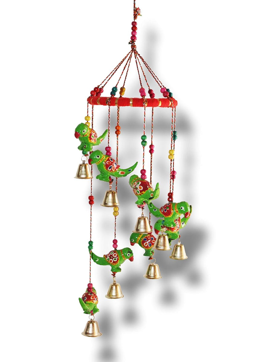 JH Gallery Handcrafted Rajasthani Hanging Decorative Windchime (Green Parrot)
