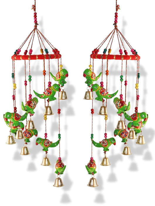 JH Gallery Handcrafted Rajasthani Hanging Decorative Windchime (Green Parrot) - Pack of 2