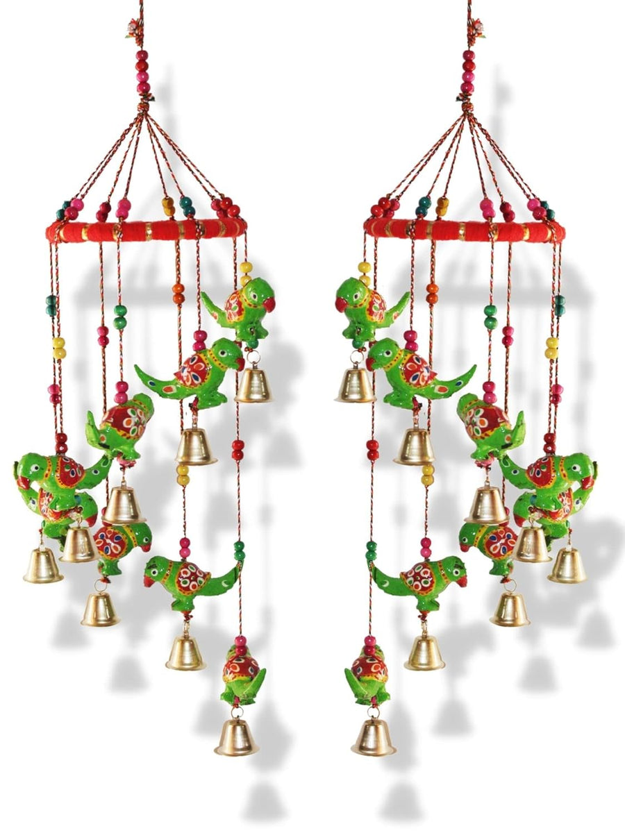 JH Gallery Handcrafted Rajasthani Hanging Decorative Windchime (Green Parrot) - Pack of 2