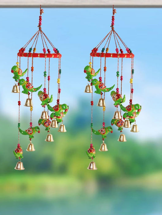 JH Gallery Handcrafted Rajasthani Hanging Decorative Windchime (Green Parrot) - Pack of 2