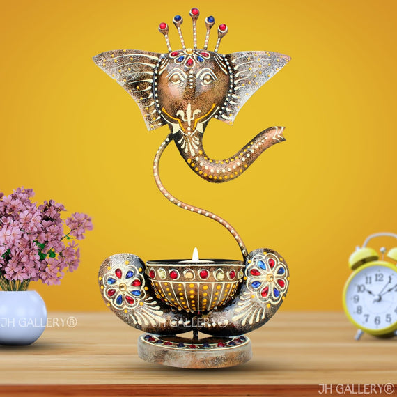 JH Gallery Handcrafted Metal Ganesha Tealight Candle Holder (Antique Yellow)