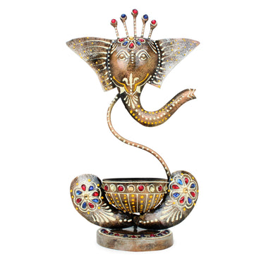 JH Gallery Handcrafted Metal Ganesha Tealight Candle Holder (Antique Yellow)