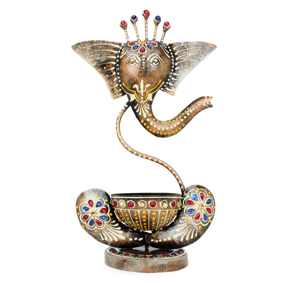 JH Gallery Handcrafted Metal Ganesha Tealight Candle Holder (Antique Yellow)