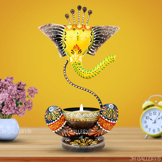 JH Gallery Handcrafted Metal Ganesha Tealight Candle Holder (Antique Yellow)