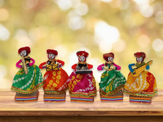 JH Gallery Rajasthani Musician Bawla Puppets Idol (7x28 cm Multicolor) -5 Piece (Male Puppets)