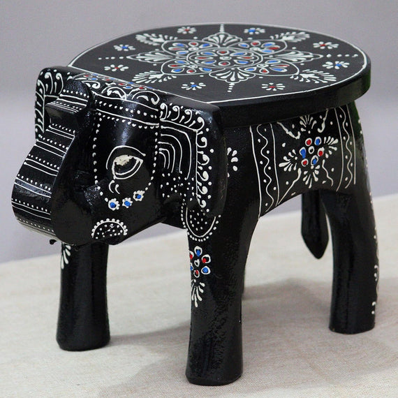 JH Gallery Handcrafted and Emboss Painted Colorful Wooden Elephant Decorative Showpiece Stool (Black)