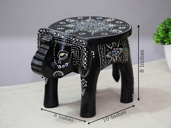 JH Gallery Handcrafted and Emboss Painted Colorful Wooden Elephant Decorative Showpiece Stool (Black)