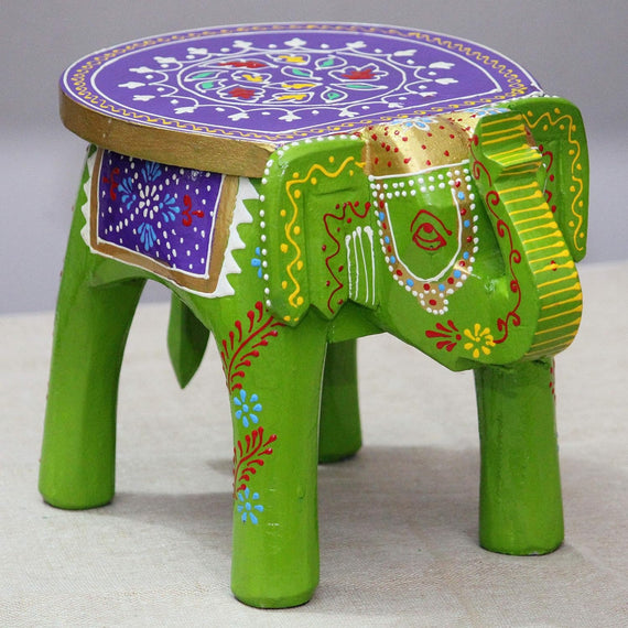 JH Gallery Handcrafted and Emboss Painted Colorful Wooden Elephant Decorative Showpiece Stool (Green)