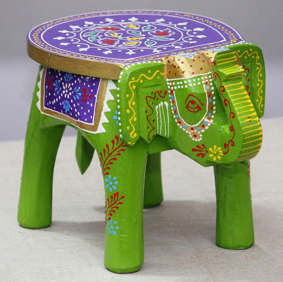 JH Gallery Handcrafted and Emboss Painted Colorful Wooden Elephant Decorative Showpiece Stool (Green)