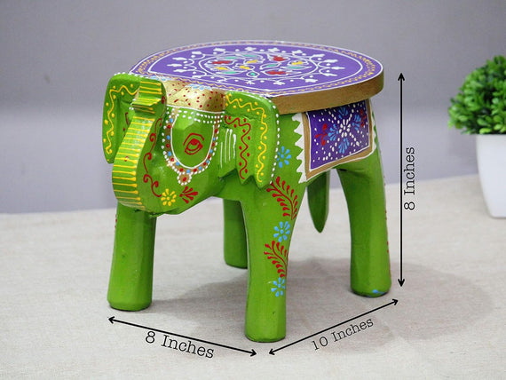 JH Gallery Handcrafted and Emboss Painted Colorful Wooden Elephant Decorative Showpiece Stool (Green)