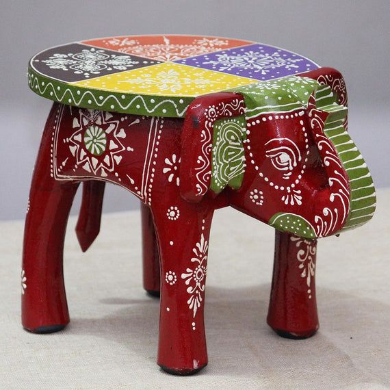 JH Gallery Handcrafted and Emboss Painted Colorful Wooden Elephant Decorative Showpiece Stool (Maroon)