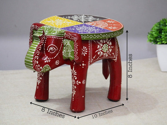 JH Gallery Handcrafted and Emboss Painted Colorful Wooden Elephant Decorative Showpiece Stool (Maroon)