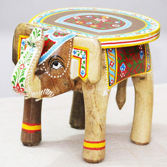 JH Gallery Handcrafted and Emboss Painted Colorful Wooden Elephant Decorative Showpiece Stool (Natural)