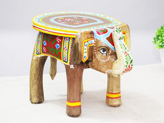 JH Gallery Handcrafted and Emboss Painted Colorful Wooden Elephant Decorative Showpiece Stool (Natural)