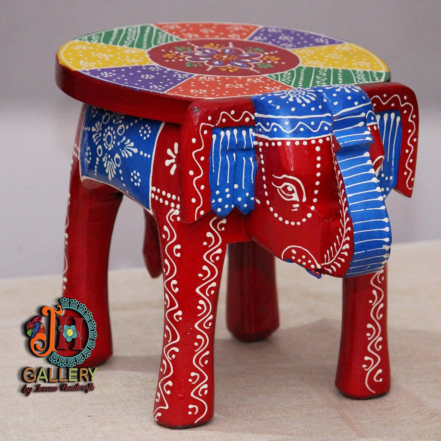 JH Gallery Handcrafted and Emboss Painted Colorful Wooden Elephant Decorative Showpiece Stool (Red)