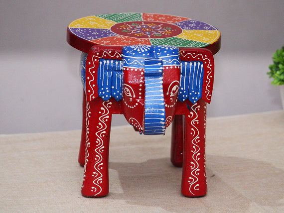 JH Gallery Handcrafted and Emboss Painted Colorful Wooden Elephant Decorative Showpiece Stool (Red)
