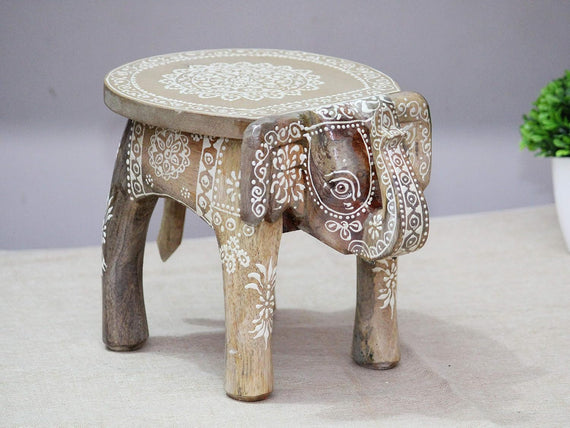 JH Gallery Handcrafted and Emboss Painted Colorful Wooden Elephant Decorative Showpiece Stool (WhiteE)