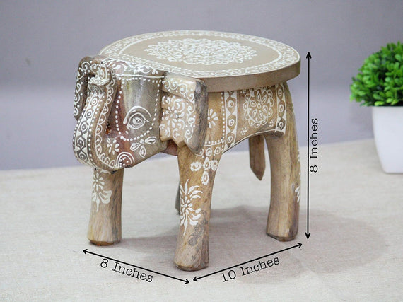 JH Gallery Handcrafted and Emboss Painted Colorful Wooden Elephant Decorative Showpiece Stool (WhiteE)