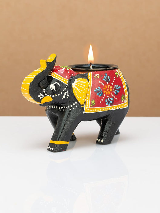 JH Gallery Handcrafted and Hand-Painted Colorful Wooden Elephant Tea Light Holder (Black)