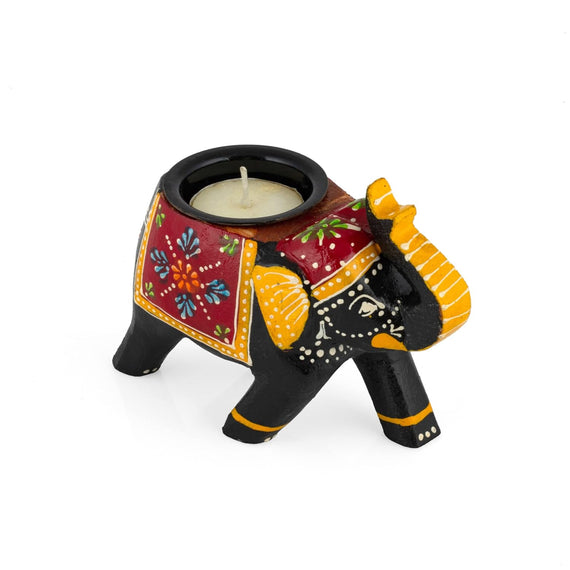 JH Gallery Handcrafted and Hand-Painted Colorful Wooden Elephant Tea Light Holder (Black)