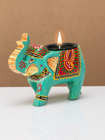 JH Gallery Handcrafted and Hand-Painted Colorful Wooden Elephant Tea Light Holder (GBlue)