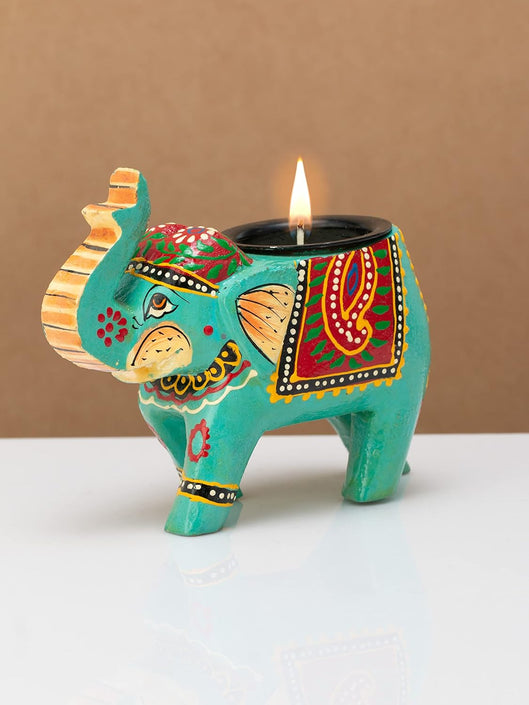 JH Gallery Handcrafted and Hand-Painted Colorful Wooden Elephant Tea Light Holder (GBlue)