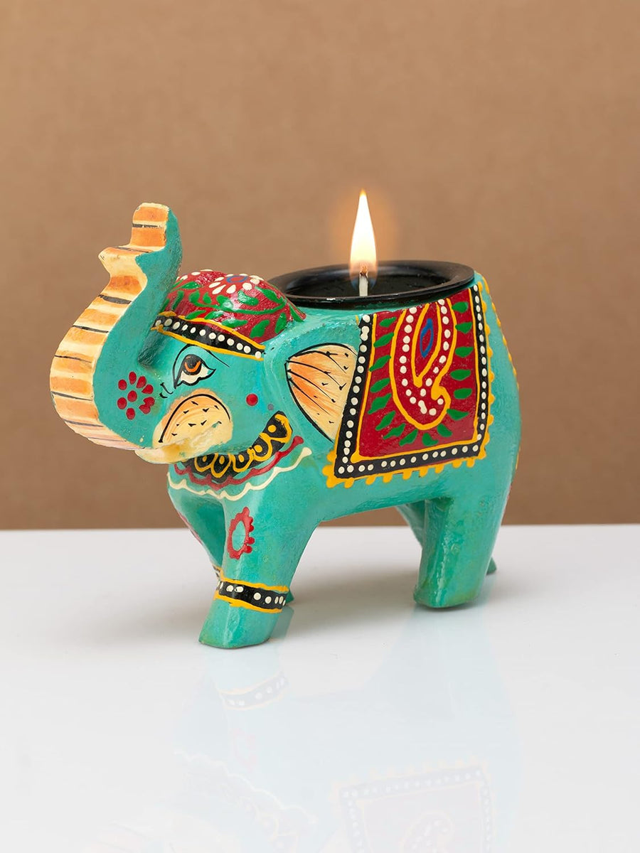 JH Gallery Handcrafted and Hand-Painted Colorful Wooden Elephant Tea Light Holder (GBlue)