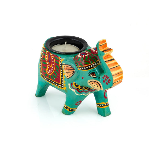 JH Gallery Handcrafted and Hand-Painted Colorful Wooden Elephant Tea Light Holder (GBlue)