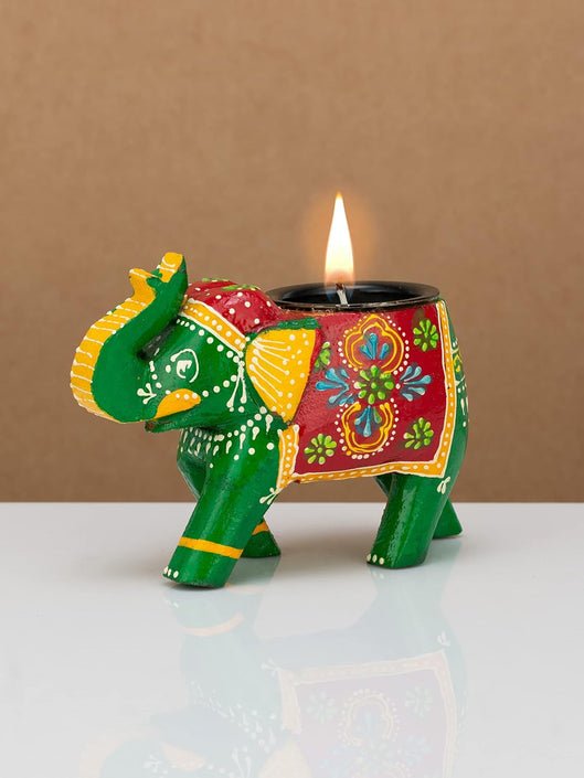 JH Gallery Handcrafted and Hand-Painted Colorful Wooden Elephant Tea Light Holder (Green)