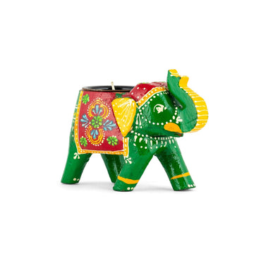 JH Gallery Handcrafted and Hand-Painted Colorful Wooden Elephant Tea Light Holder (Green)