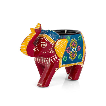 JH Gallery Handcrafted and Hand-Painted Colorful Wooden Elephant Tea Light Holder (Red)